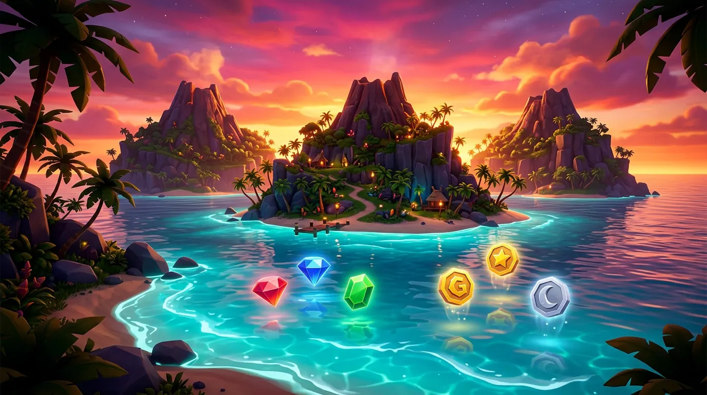 Three tropical islands over a glowing lagoon at sunset